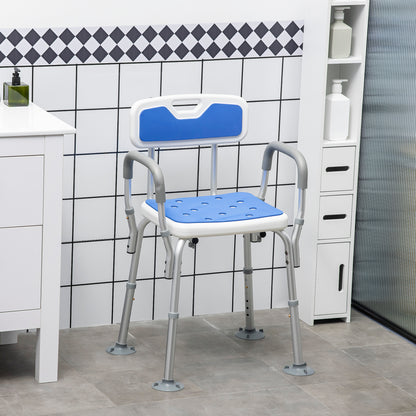 Bathroom Shower Stool Seat EVA Padded, Height Adjustable With Back and Arms, 4 Suction Foot Pads, Blue