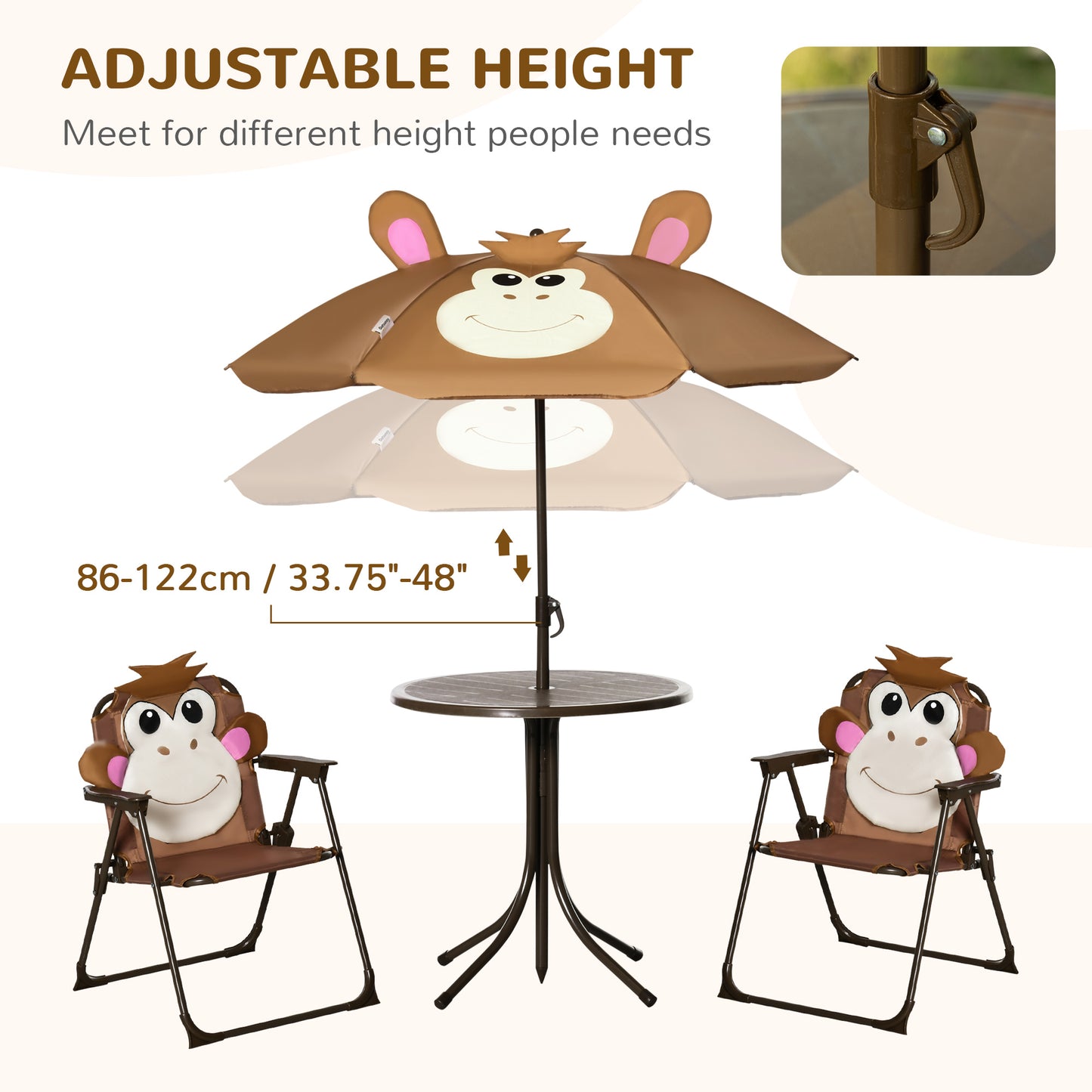 Outsunny Kids Picnic & Table Chair set, Outdoor Folding Garden Furniture w/ Monkey Design, Removable, Adjustable Sun Umbrella, Ages 3-6 Years - Brown