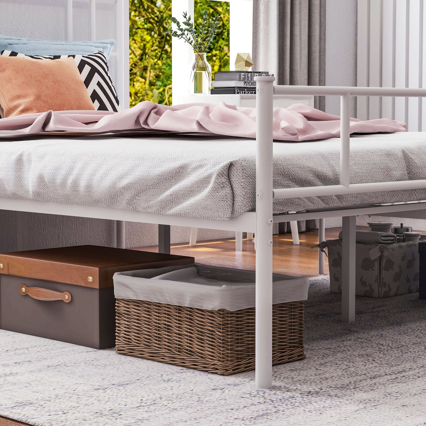 Double Metal Bed Frame Solid Bedstead Base with Headboard and Footboard, Metal Slat Support and Underbed Storage Space, Bedroom Furniture