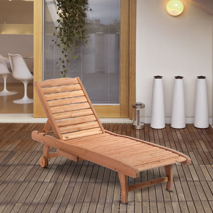 Outsunny Outdoor Wooden Lounger Chair, Sun Bed with Built-In Table, Adjustable Backrest and Wheels, Red Brown