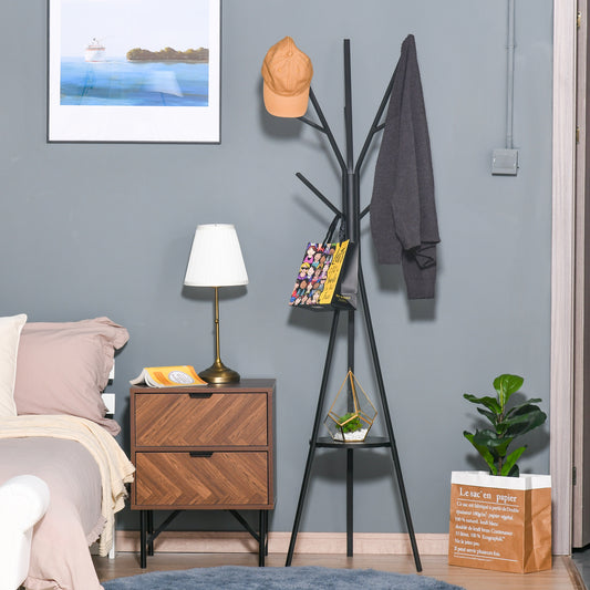Free Standing Metal Coat Rack Stand 9 Hooks Clothes Tree with 1 Shelf Hat Display Hall Tree Hanger Bag Umbrella Hanging Organiser (Black) 180cm