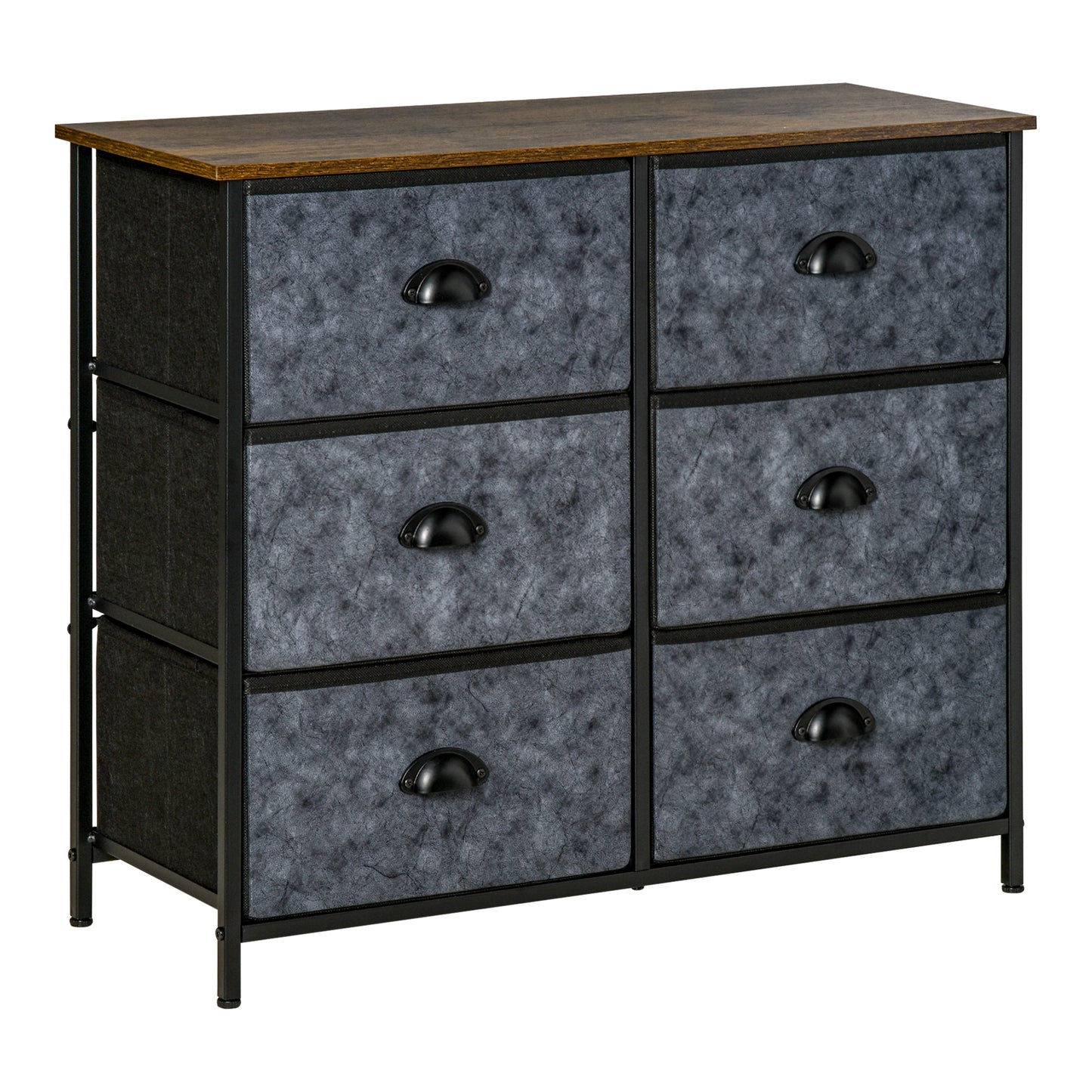 Chest of Drawer Fabric Dresser Storage Cabinet for Bedroom Night Stand with 6 Drawers Steel Frame Handles - Grey and Black
