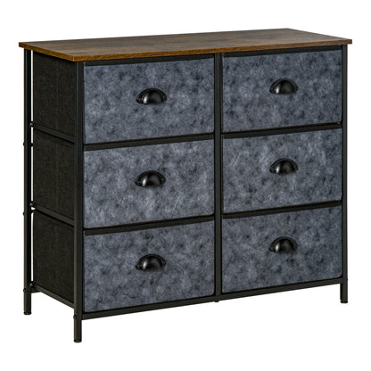 Chest of Drawer Fabric Dresser Storage Cabinet for Bedroom Night Stand with 6 Drawers Steel Frame Handles - Grey and Black