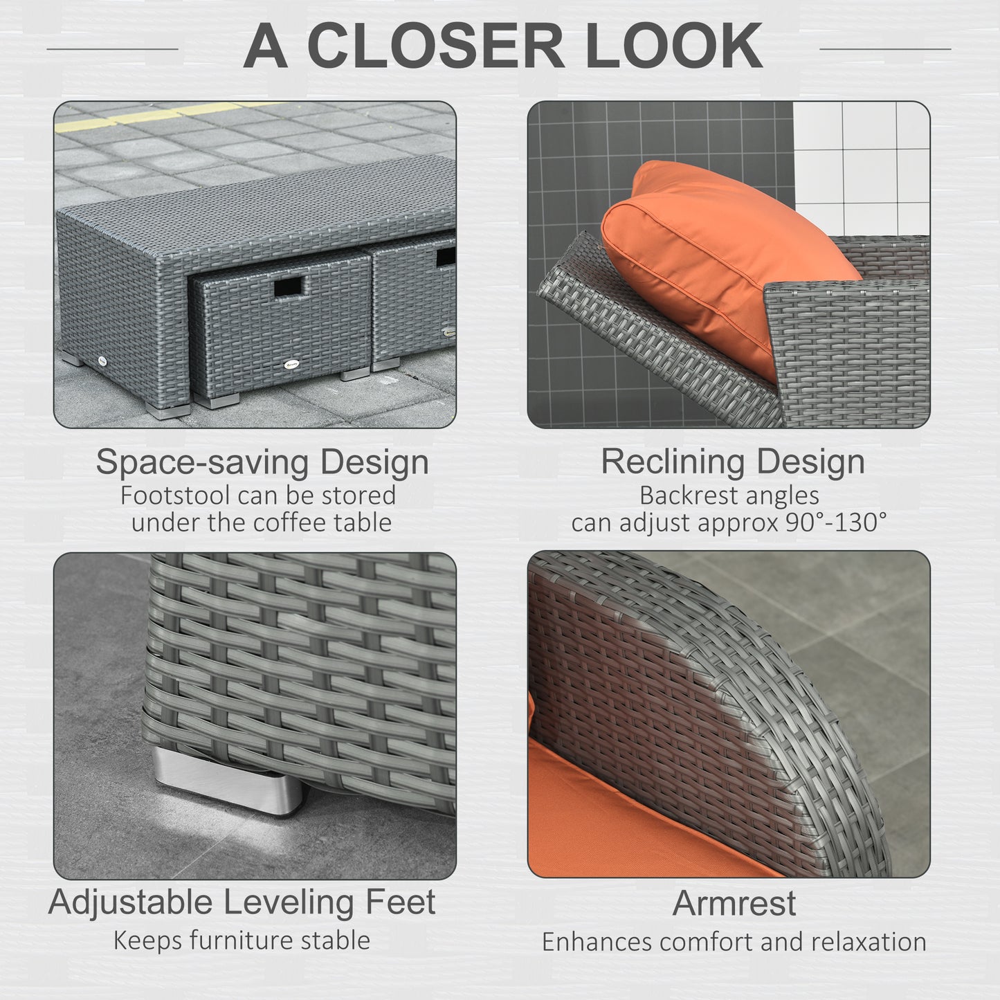 Outsunny 6 Piece Outdoor Rattan Wicker Furniture Set with 3-Seat Sofa, 2 Single Sofas, 2 Footstools and Coffee Table