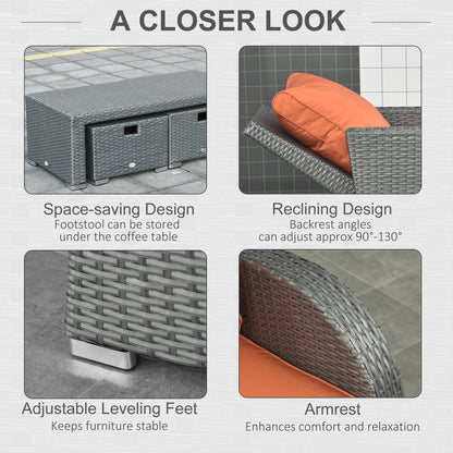 Outsunny 6 Piece Outdoor Rattan Wicker Furniture Set with 3-Seat Sofa, 2 Single Sofas, 2 Footstools and Coffee Table