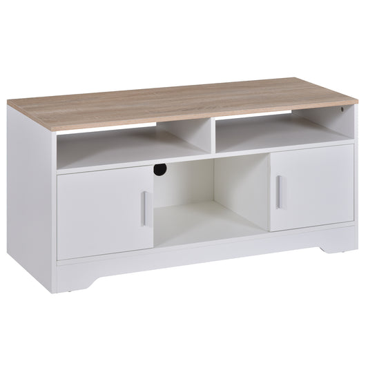 TV Stand for TVs up to 42 Inches with Cabinets, Shelves and Wide Tabletop for Living Room, Bedroom, Dining Room, White and Wood Color