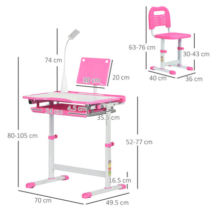 Kids Desk and Chair Set, Height Adjustable Study Desk with USB Lamp, Storage Drawer for Study, Pink and White