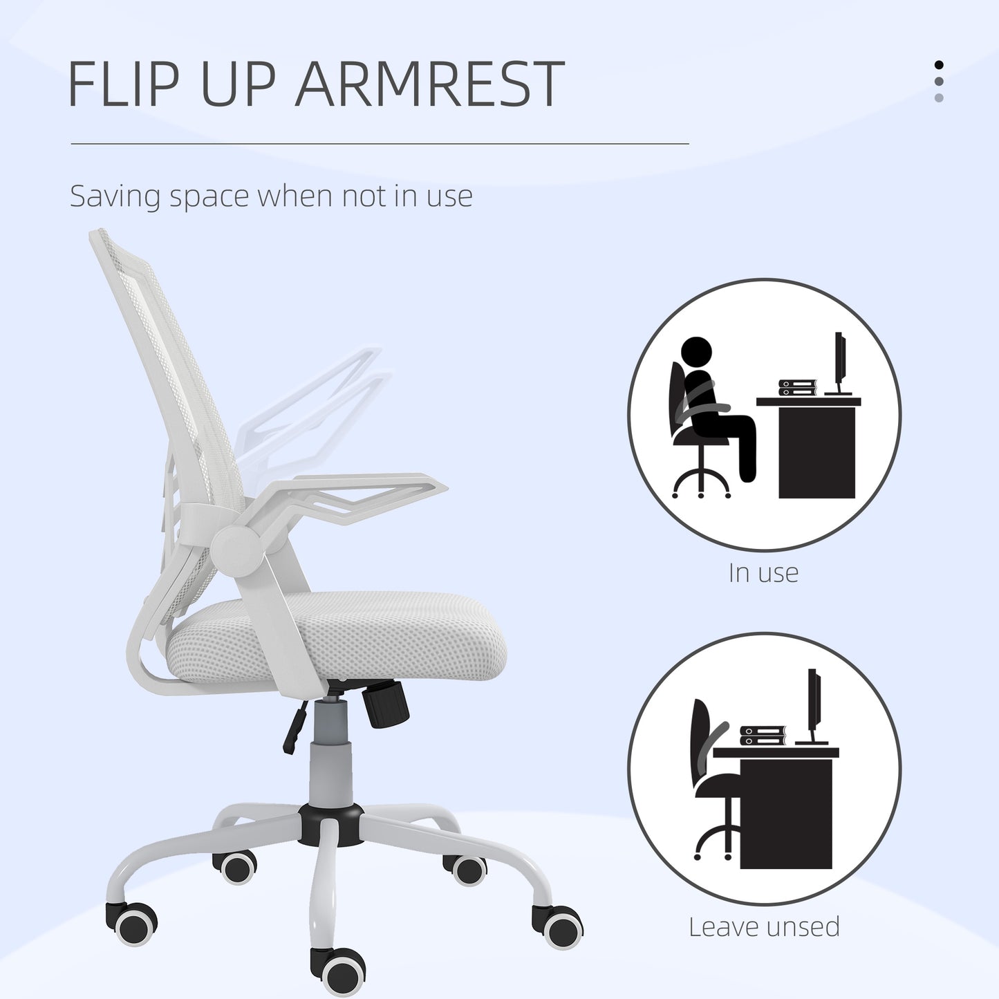 Mesh Office Chair | Flip-Up Armrests | Lumbar Support | Curved Back | Sponge Seat | Rocking Motion | 360° Swivel | 5 Wheels | Height Adjustable 45-55cm | 120kg | White