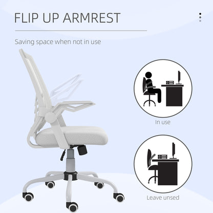 Mesh Office Chair | Flip-Up Armrests | Lumbar Support | Curved Back | Sponge Seat | Rocking Motion | 360° Swivel | 5 Wheels | Height Adjustable 45-55cm | 120kg | White