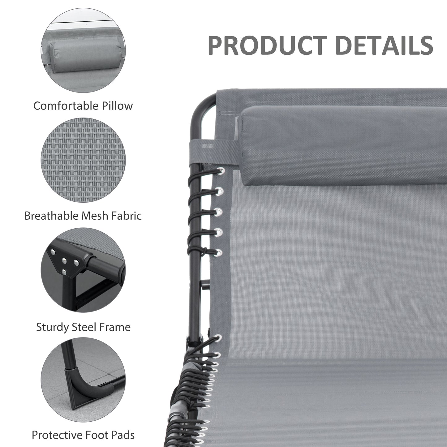 Outsunny Portable Sun Lounger, Folding , Reclining Lounge Chair 5-position Adjustable Backrest with Pillow for Patio Beach Pool, Grey
