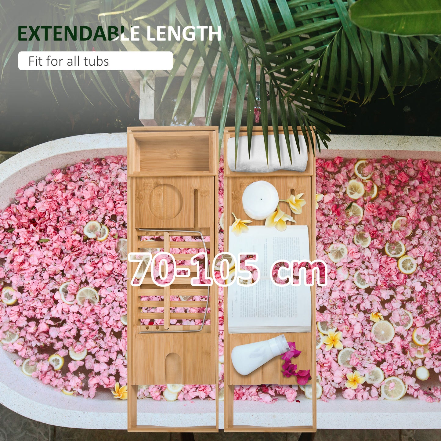 Extendable Natural Wooden Bamboo Bathtub Shelf Rack Bath Caddy Tray Bathroom Storage, Set of 2
