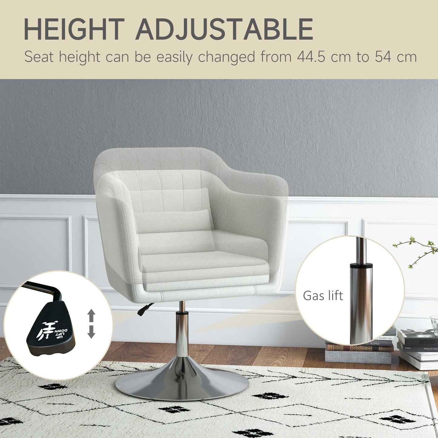 Retro Style Accent Chair with Swivel Base, Height Adjustable Arm Chair with Pillow for Living Room, Bedroom, Cream White