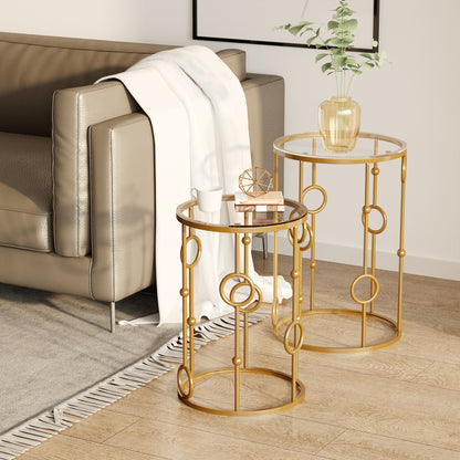 Modern Round Coffee Tables Set of 2, Gold Nest of Tables with Tempered Glass Top, Steel Frame for Living Room, Gold