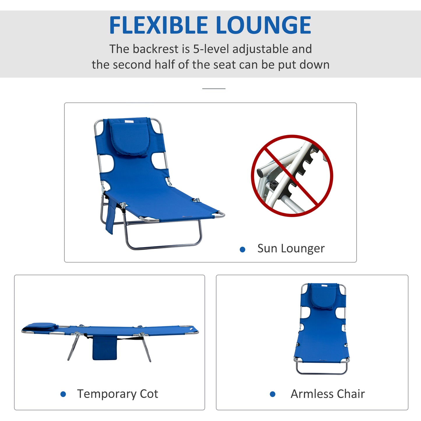 2 Pieces Foldable Sun Lounger Portable With 5 Level Adjustable Backrest, Reclining Lounge Chair with Side Pocket, Headrest Pillow, Blue