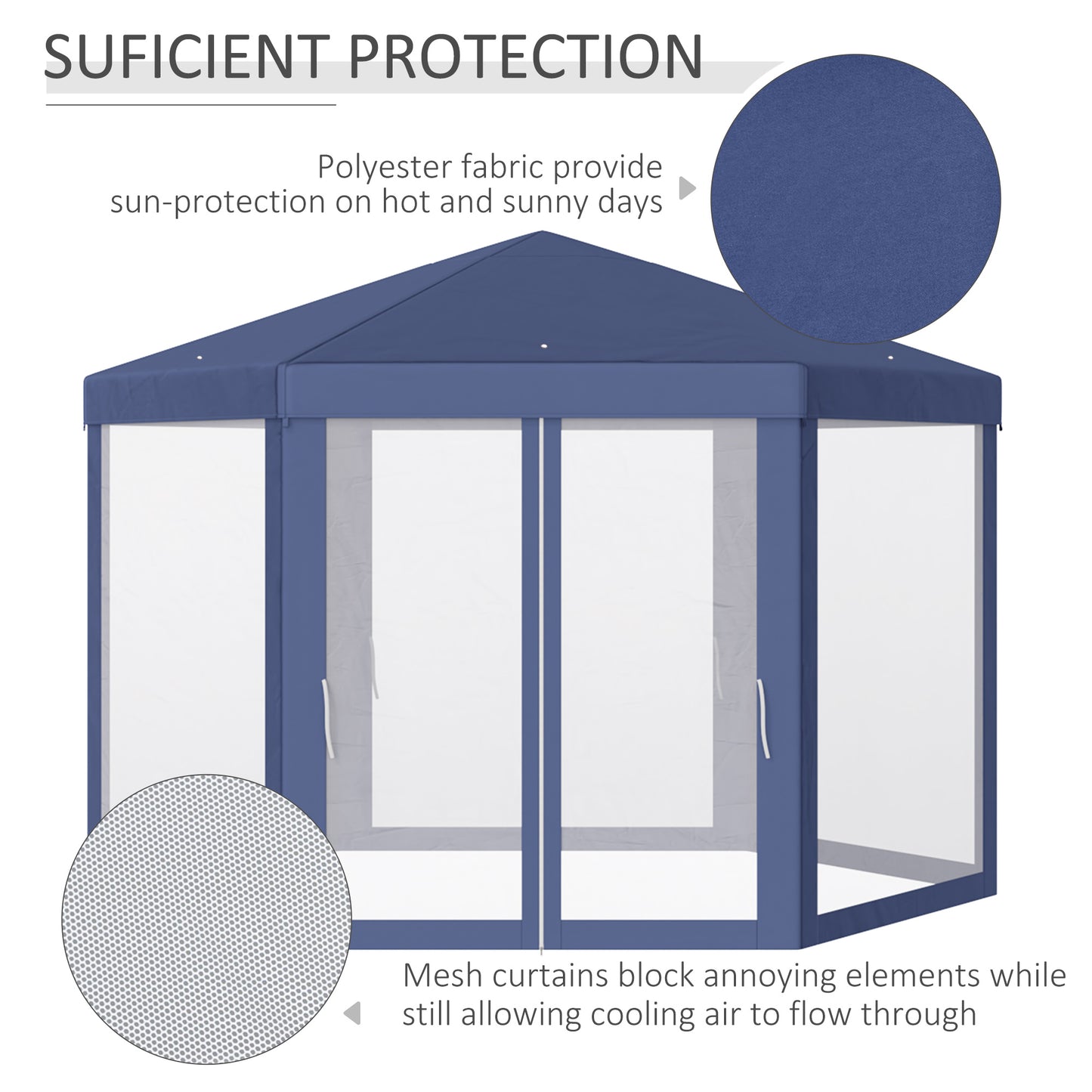 Outsunny 4M Netting Gazebo Hexagon Tent Patio Canopy Outdoor Shelter Party Activities Shade Resistant (Blue)