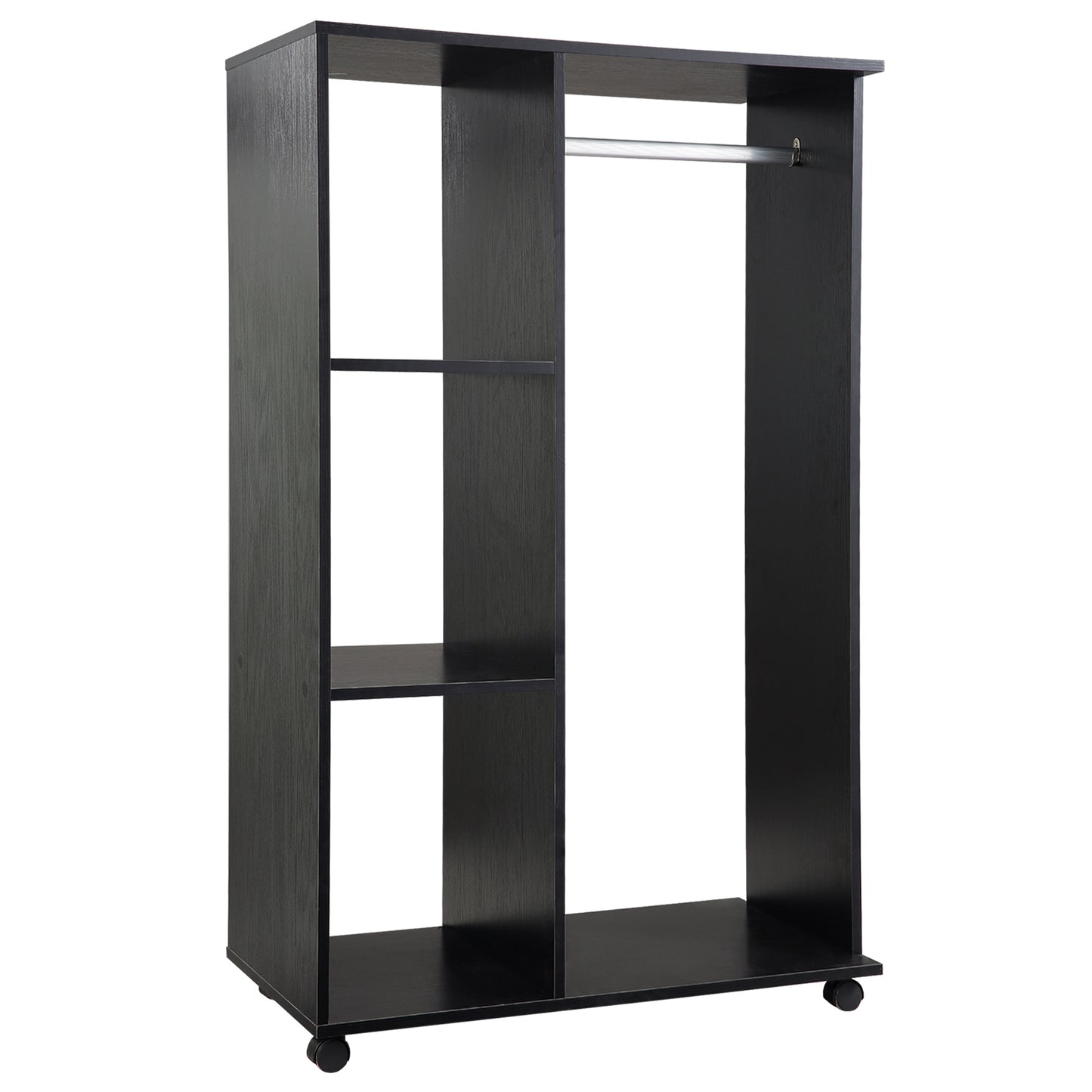 Open Wardrobe With Hanging Rail, Storage Shelves And Wheels Bedroom - Black