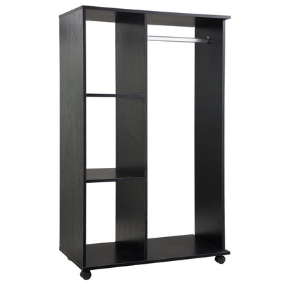 Open Wardrobe With Hanging Rail, Storage Shelves And Wheels Bedroom - Black