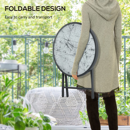 Outsunny Φ45cm Outdoor Side Table, Round Folding Patio Table with Imitation Marble Glass Top, Small Coffee Table, White