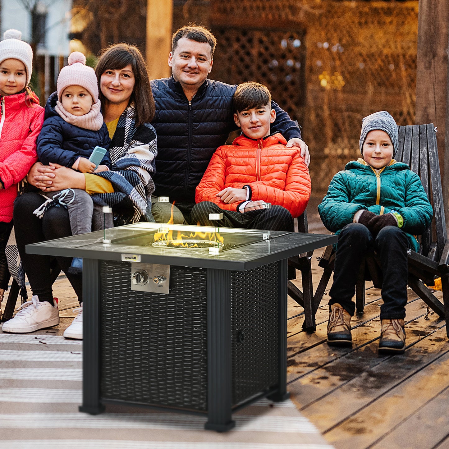 Outdoor PE Rattan Gas Fire Pit Table, Patio Square Propane Heater with Marble Desktop, Rain Cover, Glass Windscreen, and Glass Stones Black