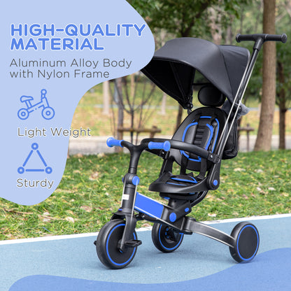 AIYAPLAY 3-in-1 Tricycle for Kids with Aluminium Frame, Baby Trike with Adjustable Push Handle, Canopy and Seat Angle for 18-48 Months, Blue