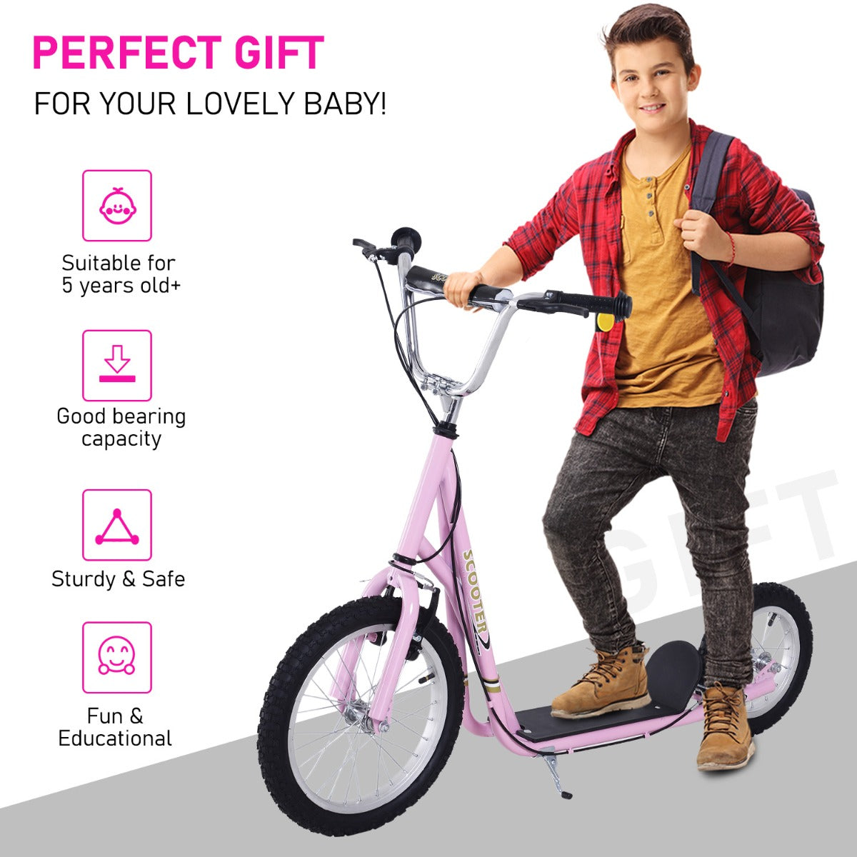 Air Tyre Scooter Adult Teen Push Scooter With Tyres Kids Stunt Scooter Ride On Alloy Wheel Pneumatic Tyres Pink