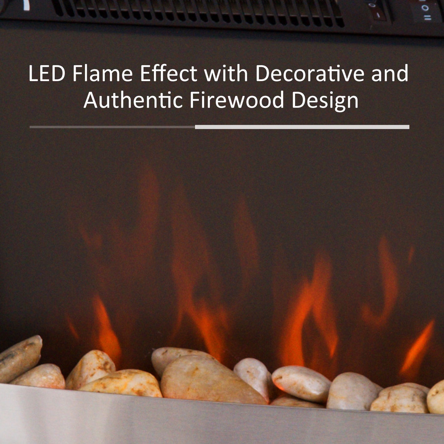 2KW Electric Fireplace Pebble Burning Effect Heater Fire Flame Indoor Stove LED Lighting - Stainless Steel