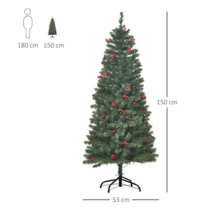 5FT Prelit Artificial Pencil Christmas Tree with Warm White LED Light, Red Berry, Holiday Home Xmas Decoration, Green