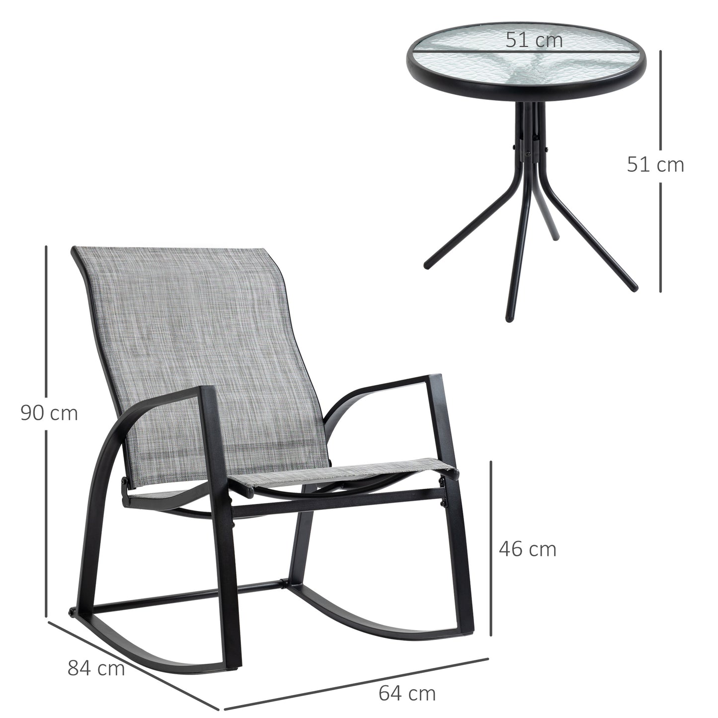 Outsunny 3 Piece Outdoor Patio Bistro Set w/ 2 Rocking Chairs and Tempered Glass Table for Garden, Porch, Poolside, Grey