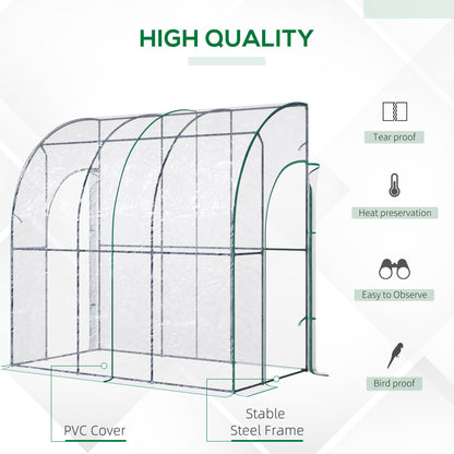 Outsunny Outdoor Walk-In Lean to Wall Tunnel Greenhouse with Zippered Roll Up Door PVC Cover Sloping Top, Clear, Green 214cm x 118cm x 212cm