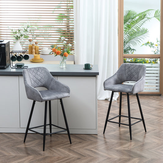 Retro Style Set of 2 Bar stools With Backs, Velvet-Touch Fabric Counter Height Bar Chairs, Kitchen Stools with Steel Legs for Dining Area, Grey