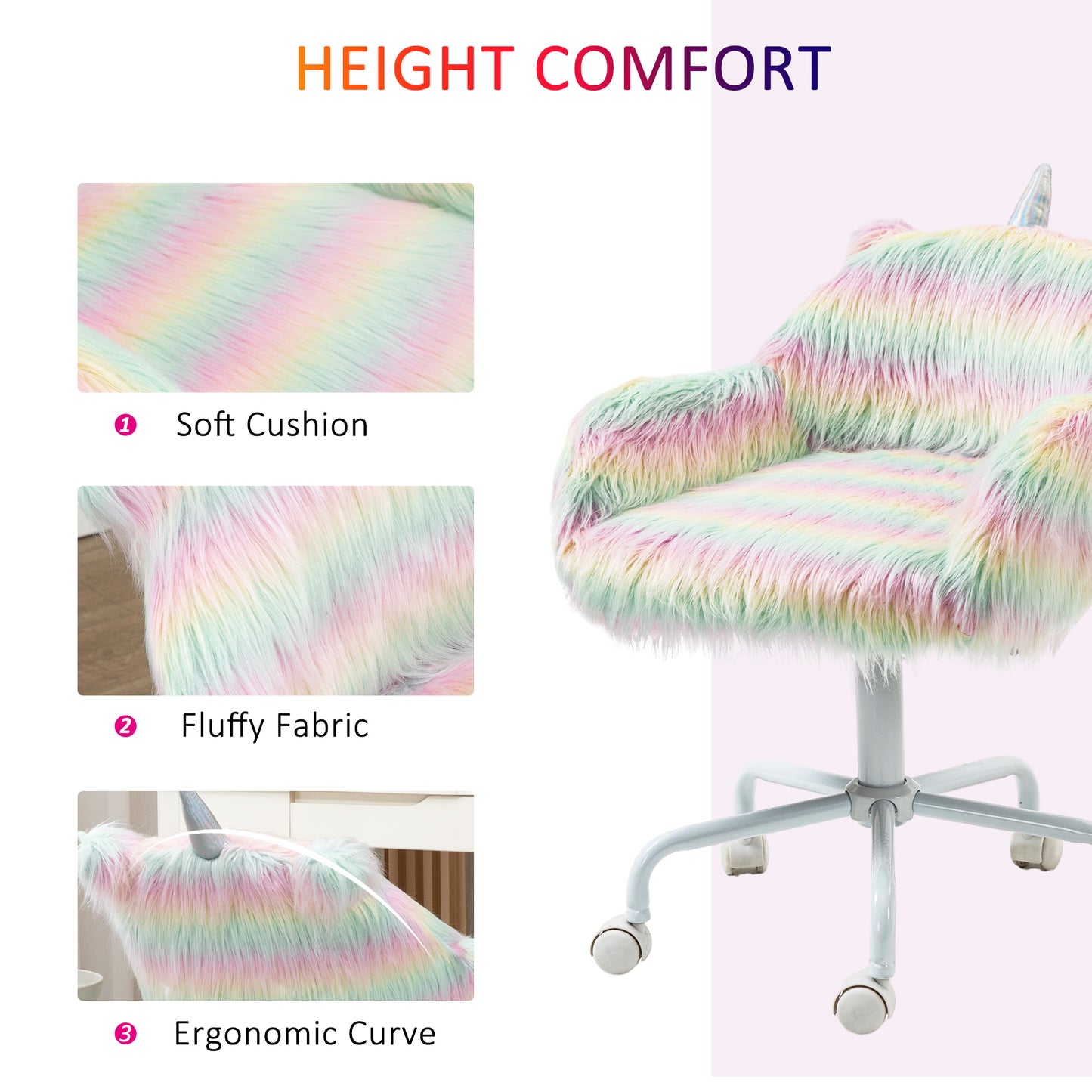 Vinsetto Unicorn Home Office Chair, Height Adjustable Fluffy Desk Chair, Colourful