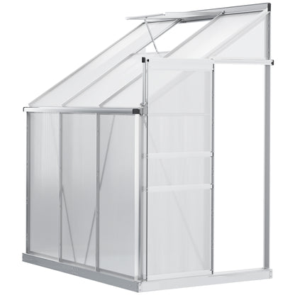 Outsunny Walk-In Greenhouse Lean to Wall Polycarbonate Garden Greenhouse with Adjustable Roof Vent, Rain Gutter and Sliding Door, 6 x 4 ft