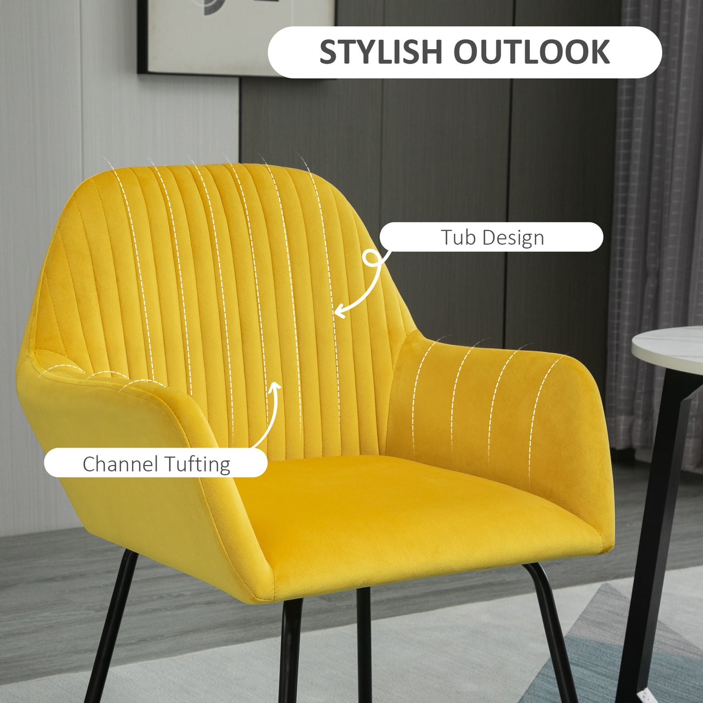 Modern Accent Chair, Velvet-Feel Fabric Upholstered Armchair with Metal Base for Living Room, Set of 2, Yellow