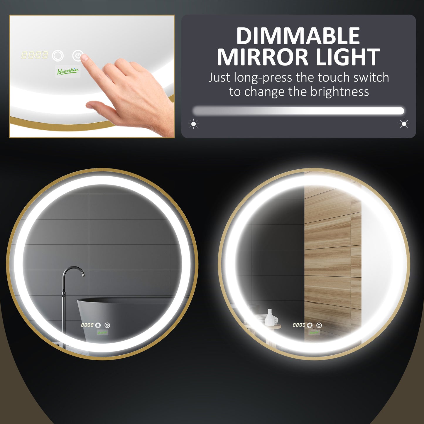 Kleankin Round Illuminated Bathroom Mirrors Dimmable LED Lighted Wall Mount Mirror w/ 3 Colours, Time Display, Memory Function, 60cm