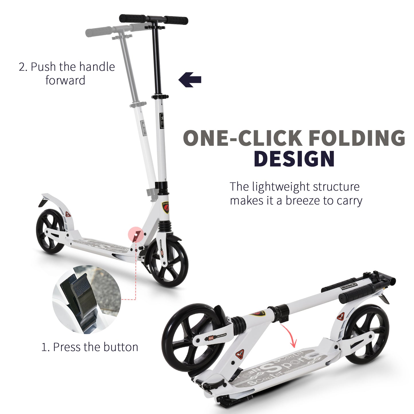 Folding Kick Scooter 2 Big Wheels Teens Adult  14+ Adjustable Ride On White / Black