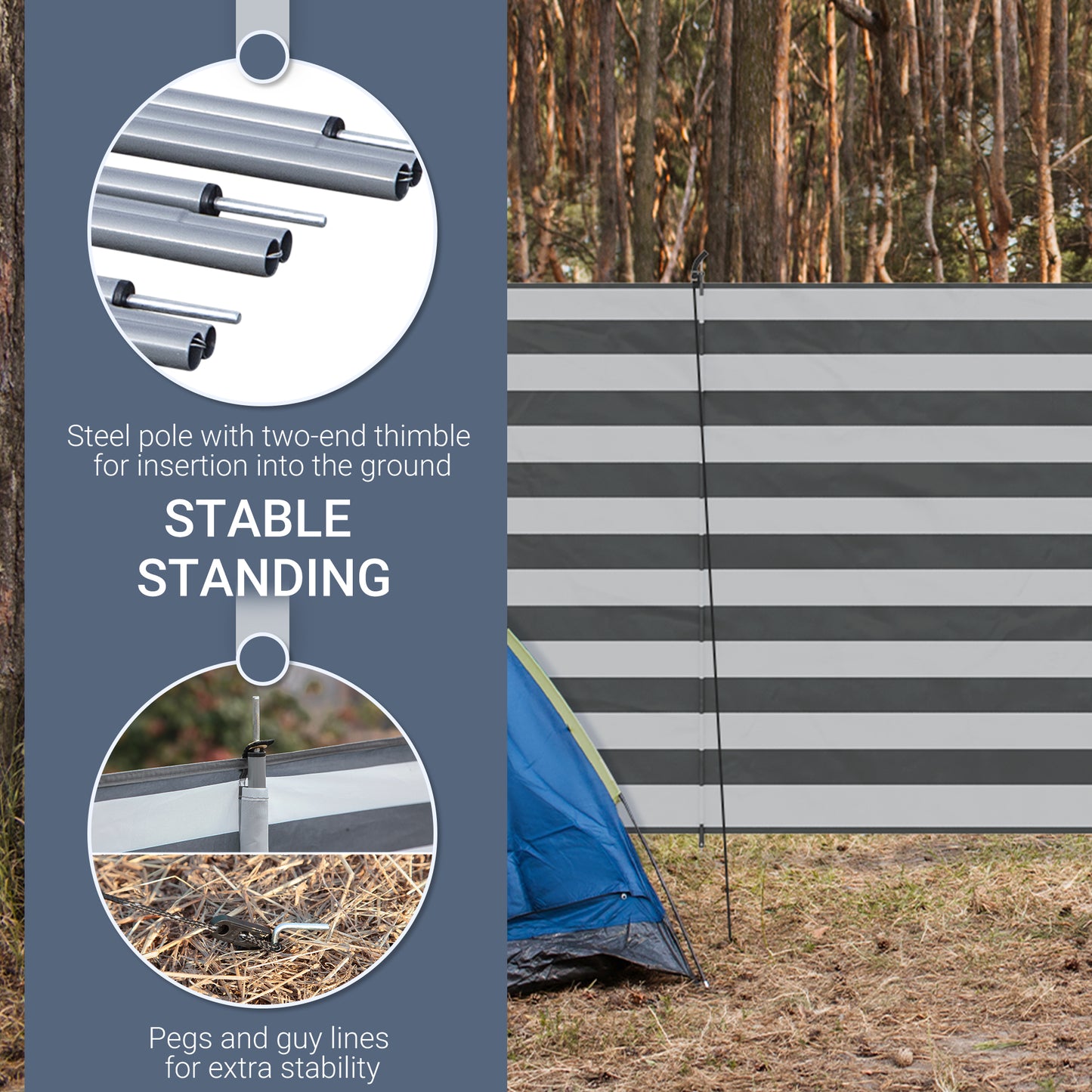 Outsunny 5 Pole Camping Windbreaks, Beach Wind Shield Privacy Shelter With Carry Bag / Steel Poles Outdoor 540cm x 150cm, Grey and White