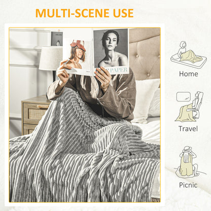Flannel Fleece Throw Blanket, Fluffy Warm Throw Blanket, Striped Reversible Travel Bedspread, King Size, 230 x 231cm, Grey