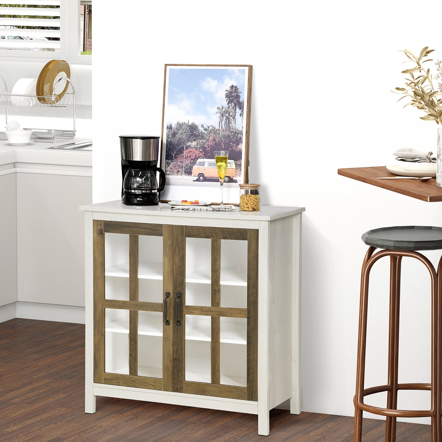 Kitchen Sideboard, Glass Door Storage Cabinet, Accent Cupboard with Adjustable Shelf for Dining Room, Living Room, Distressed White