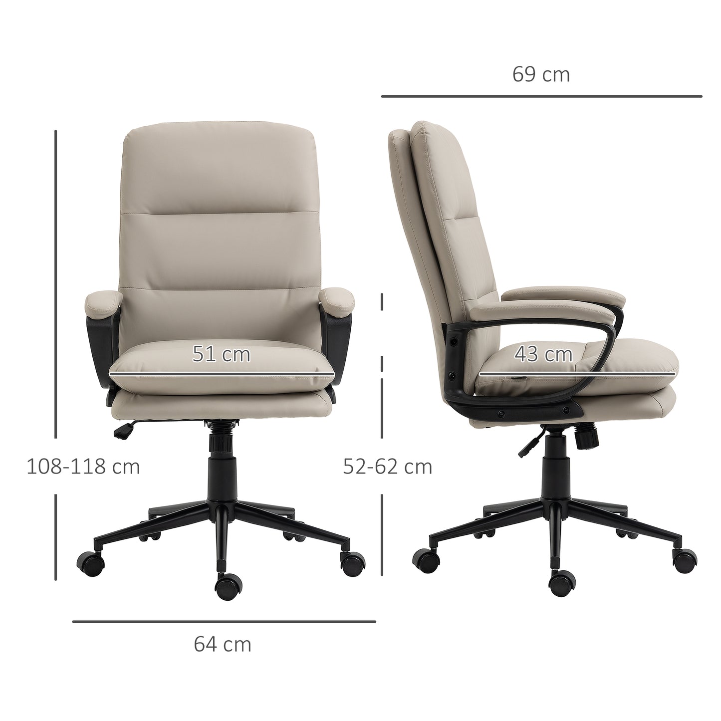 High Back PU Leather Office Chair | Double-Tier Padded Seat | Armrests | 360° Swivel | 5 Wheels | Height Adjustable 108-118cm | 51x43cm Seat | 120kg | Light Grey