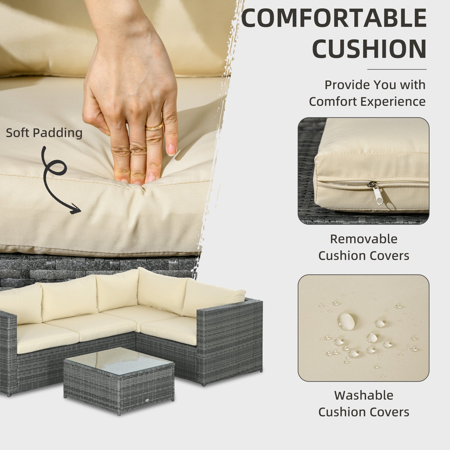 Outsunny 3 Piece Rattan Garden Furniture 4 Seater Outdoor Patio Corner Sofa Chair Set with Coffee Table Thick Cushions, Beige