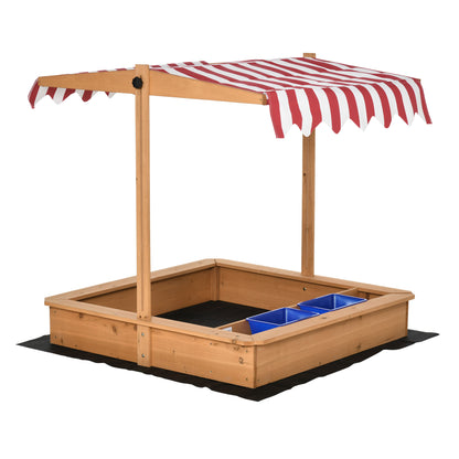 Outsunny Kids Wooden Sandbox, Children Sand Play Station Outdoor with Adjustable Height Cover, Bottom Liner, Seat, Plastic Basins, Aged 3-7 Years Old