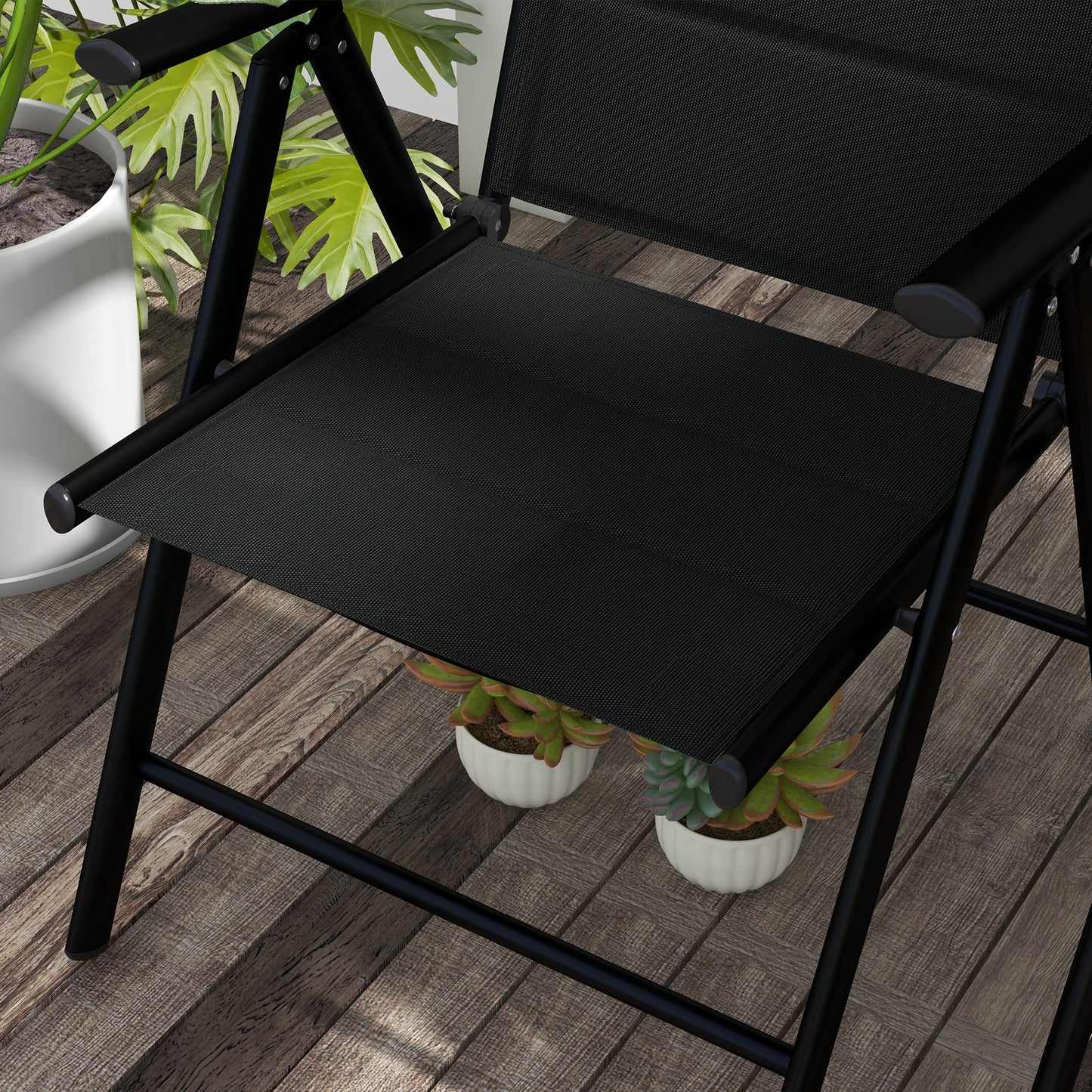 Set of 2 Patio Reclining Folding Aluminium Dining Camping Chairs With Breathable Mesh Fabric Padded Seat And Backrest, Headrest -  Black