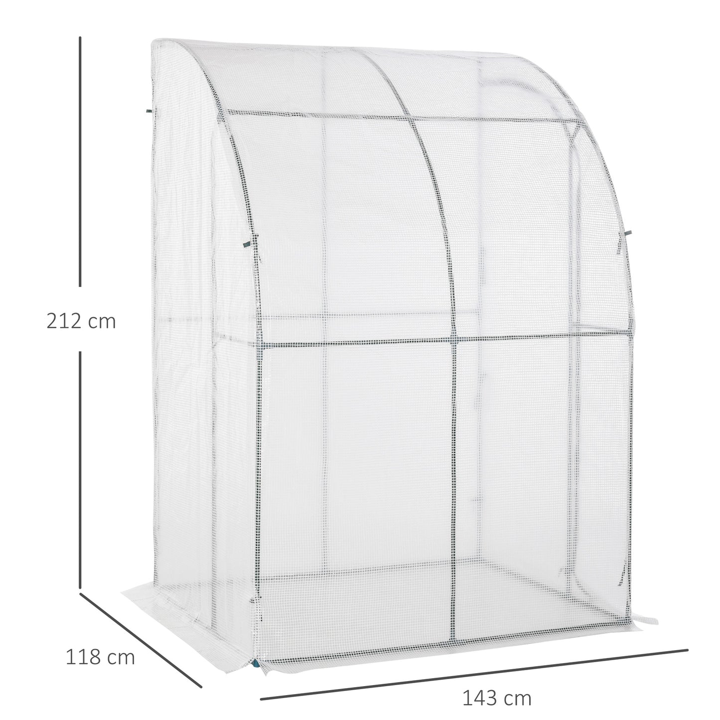 Outsunny Outdoor Walk-In Lean to Wall Greenhouse with Zippered Roll Up Door and PE Cover, 143L x 118W x 212Hcm, White