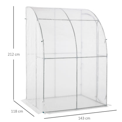 Outsunny Outdoor Walk-In Lean to Wall Greenhouse with Zippered Roll Up Door and PE Cover, 143L x 118W x 212Hcm, White