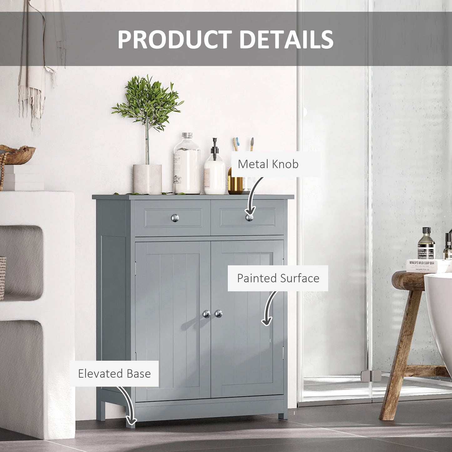Kleankin Bathroom Storage Cabinet Free-Standing Bathroom Cabinet Unit w/ 2 Drawers Cupboard Adjustable Shelf Handles Traditional Style 75x60cm Grey