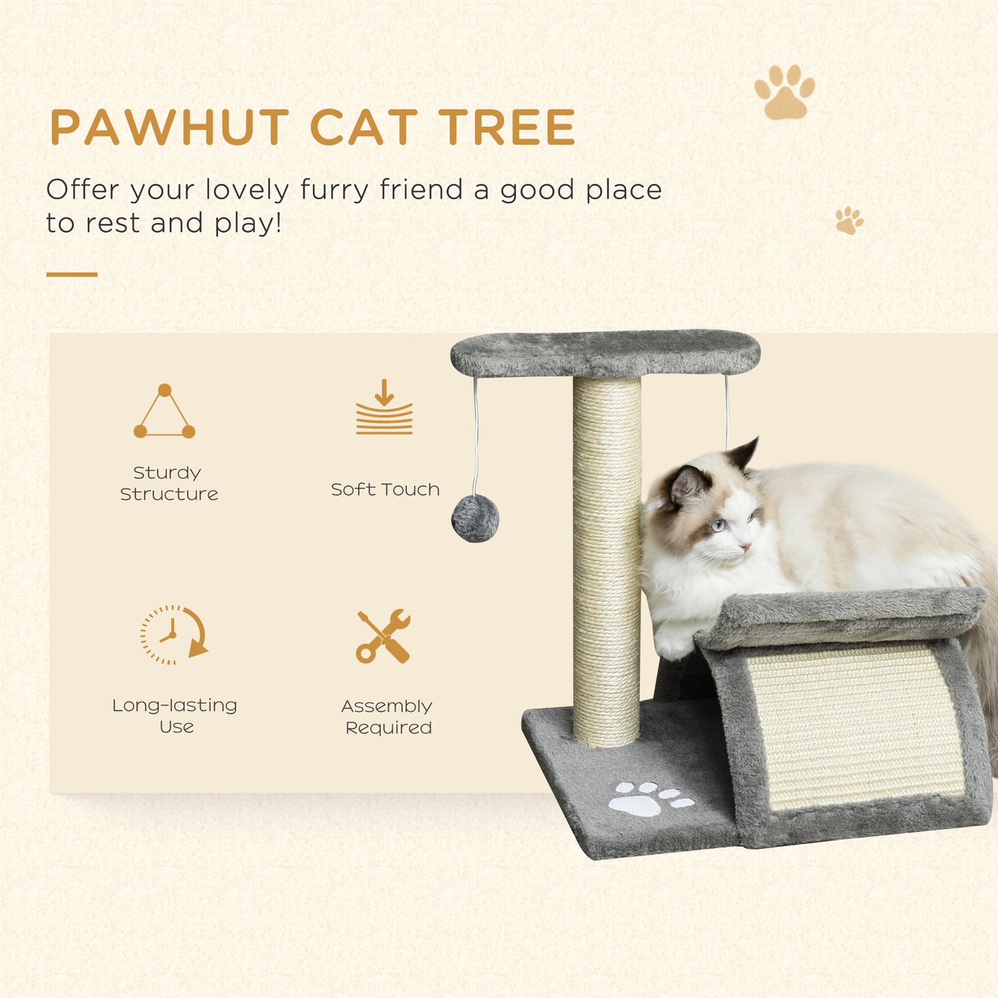 Pawhut Cat Scratching Post Cat Tree Kitten Scratcher Kitty Activity Play Centre Sisal Rotatable Top Bar Tunnel Dangling Ball Light Grey