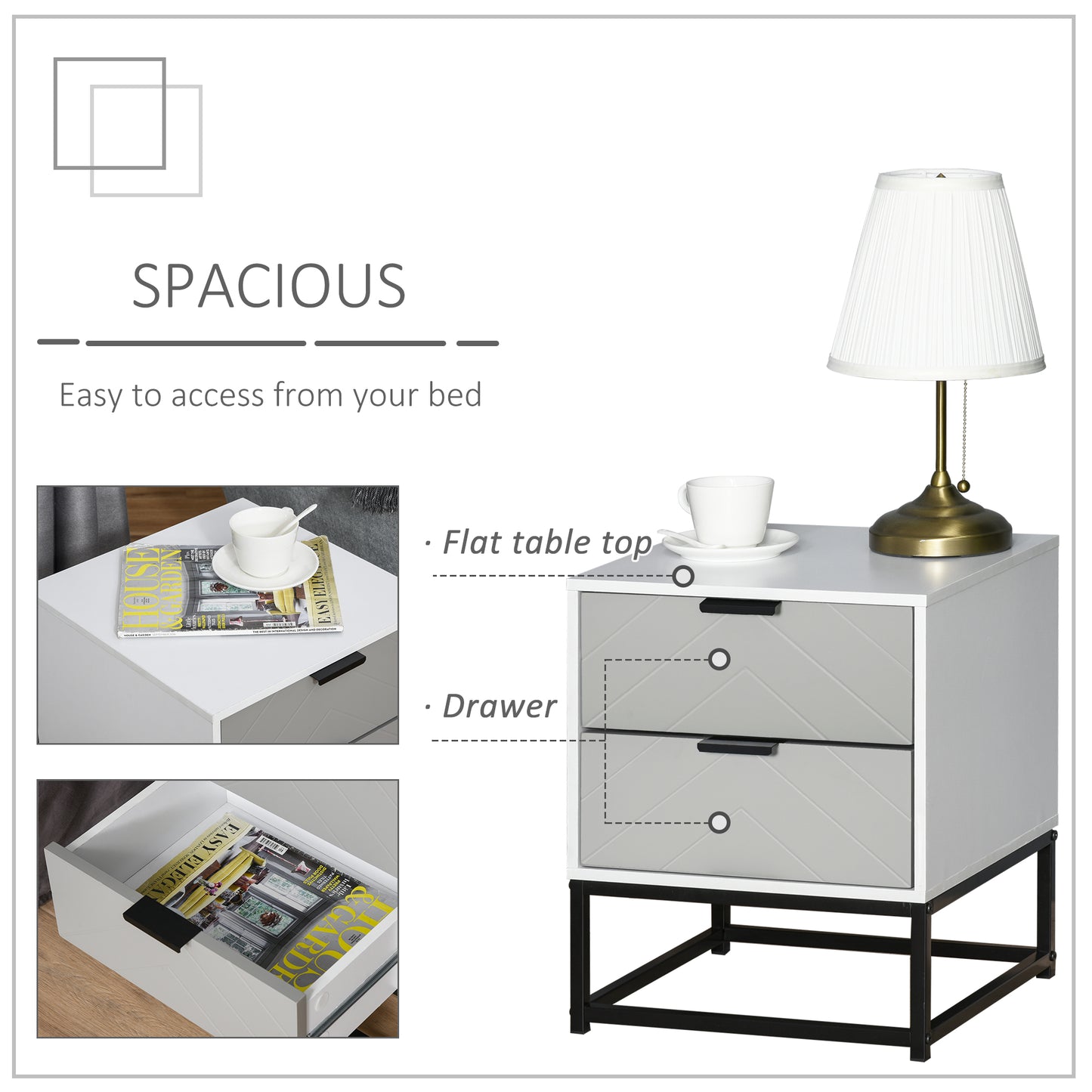 Bedside Cabinet with 2 Drawer Storage Unit, Unique Shape Bedroom Table Nightstand with Metal Base