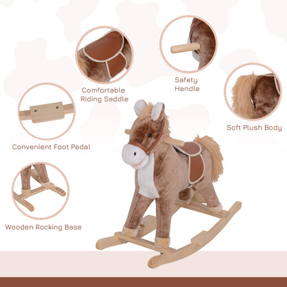 Kids Children Plush Rocking Horse Wooden Base Ride On Toy Rocker with Handle Grip Traditional Toy Fun Gift for Age 3+ (Brown & White)