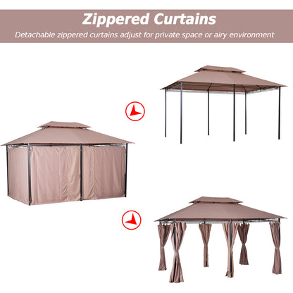 Outsunny 4m x 3(m) Metal Gazebo Canopy Party Tent Garden Pavillion Patio Shelter Pavilion with Curtains Sidewalls Brown