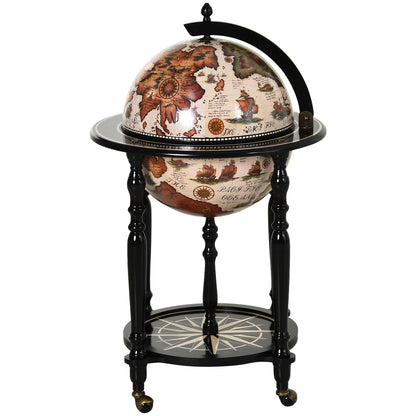 Unique Globe Drinks Cabinet Wood Frame 3 Compartments Bottles Glasses w/ Bottom Shelf 4 Wheels Elegant Antique Movable Safe Storage